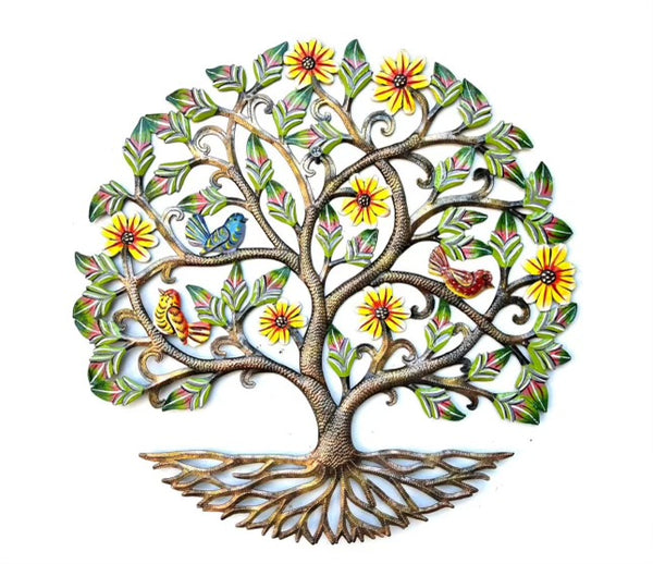 Handmade Recycled Steel Barrel Tree of Life With Birds and Yellow Flowers Metal Wall Decor