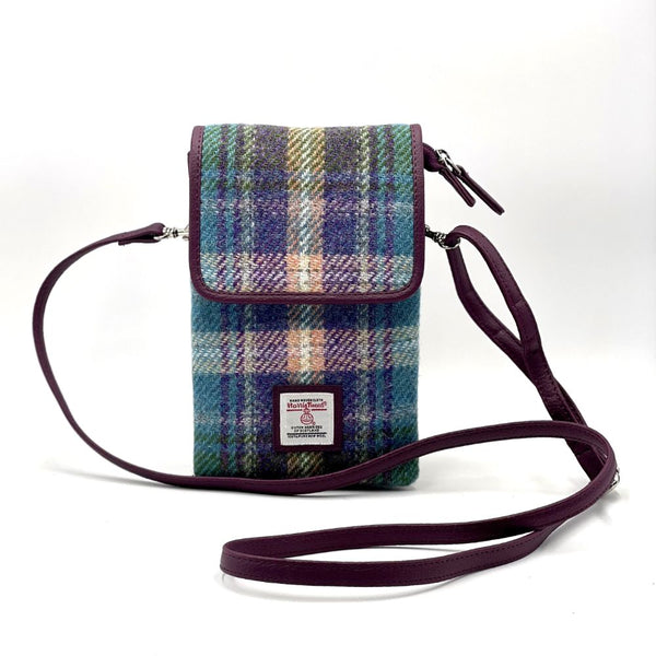 Harris Tweed Mini Crossbody Purse Bag - Teal Purple Plaid