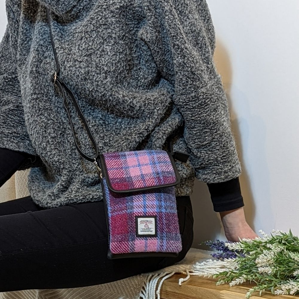 Harris Tweed Mini Crossbody Purse Bag - Pink Blue Plaid