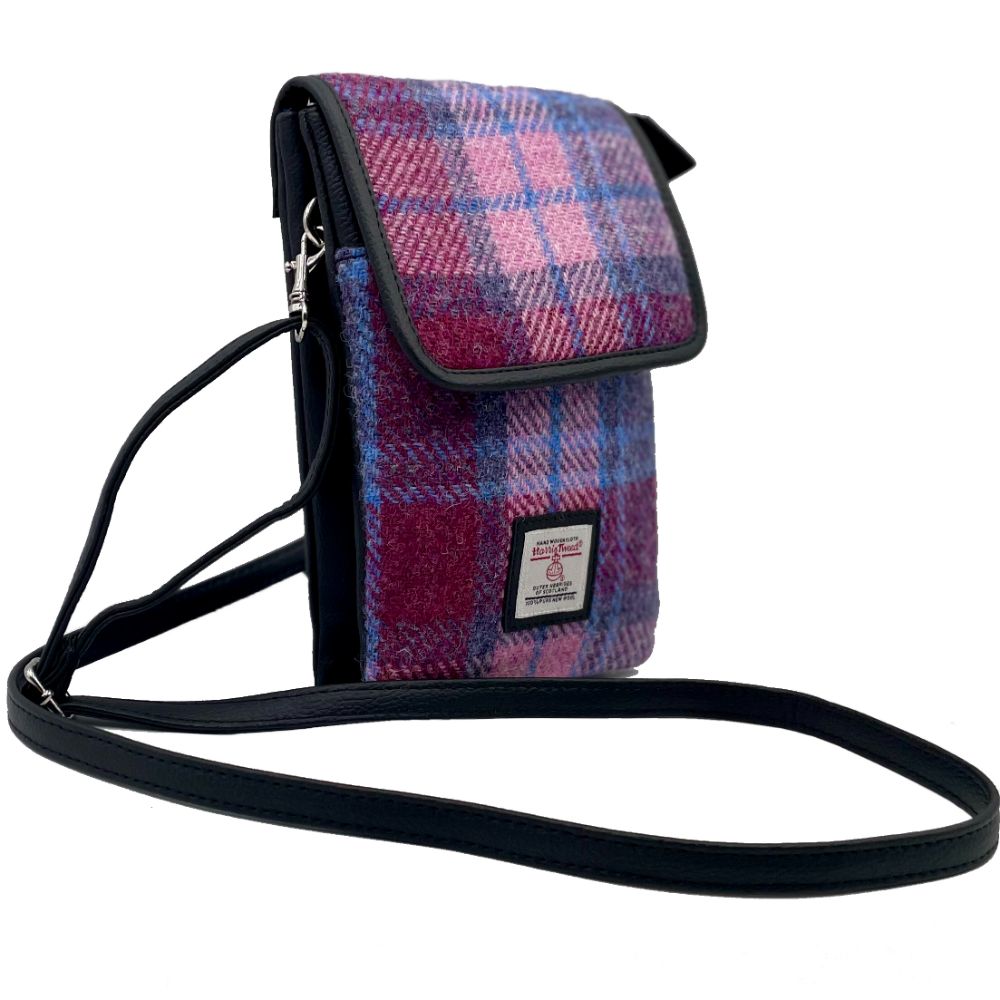 Harris Tweed Mini Crossbody Purse Bag - Pink Blue Plaid