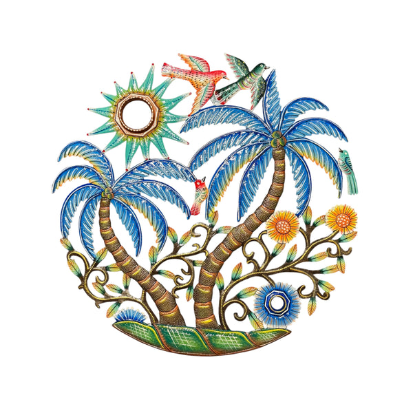 Handmade Recycled Steel Barrel Lid Palm Tree With Sun Metal Wall Decor