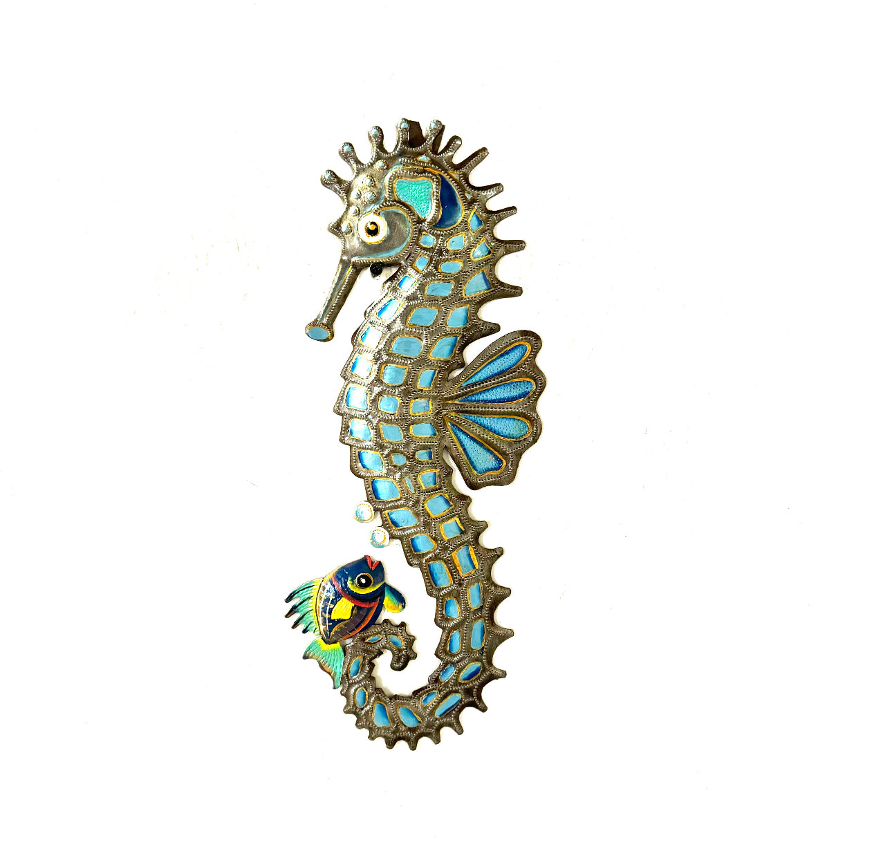 Handmade Recycled Steel Barrel Metal SeaHorse Wall Decor Blue