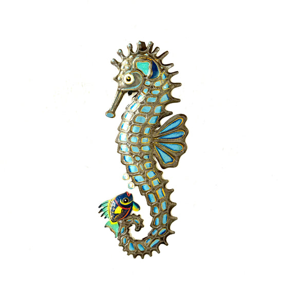 Handmade Recycled Steel Barrel Metal SeaHorse Wall Decor Blue