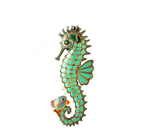 Handmade Recycled Steel Barrel Metal SeaHorse Wall Decor Teal