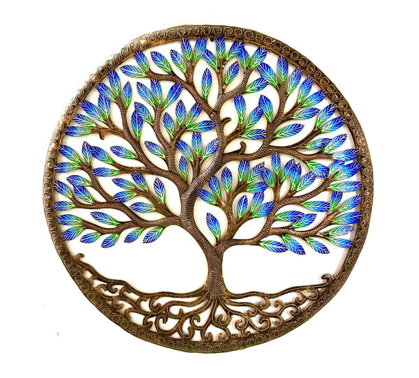 Handmade Recycled Steel Barrel Tree of Life Metal Wall Decor Bronze Blue