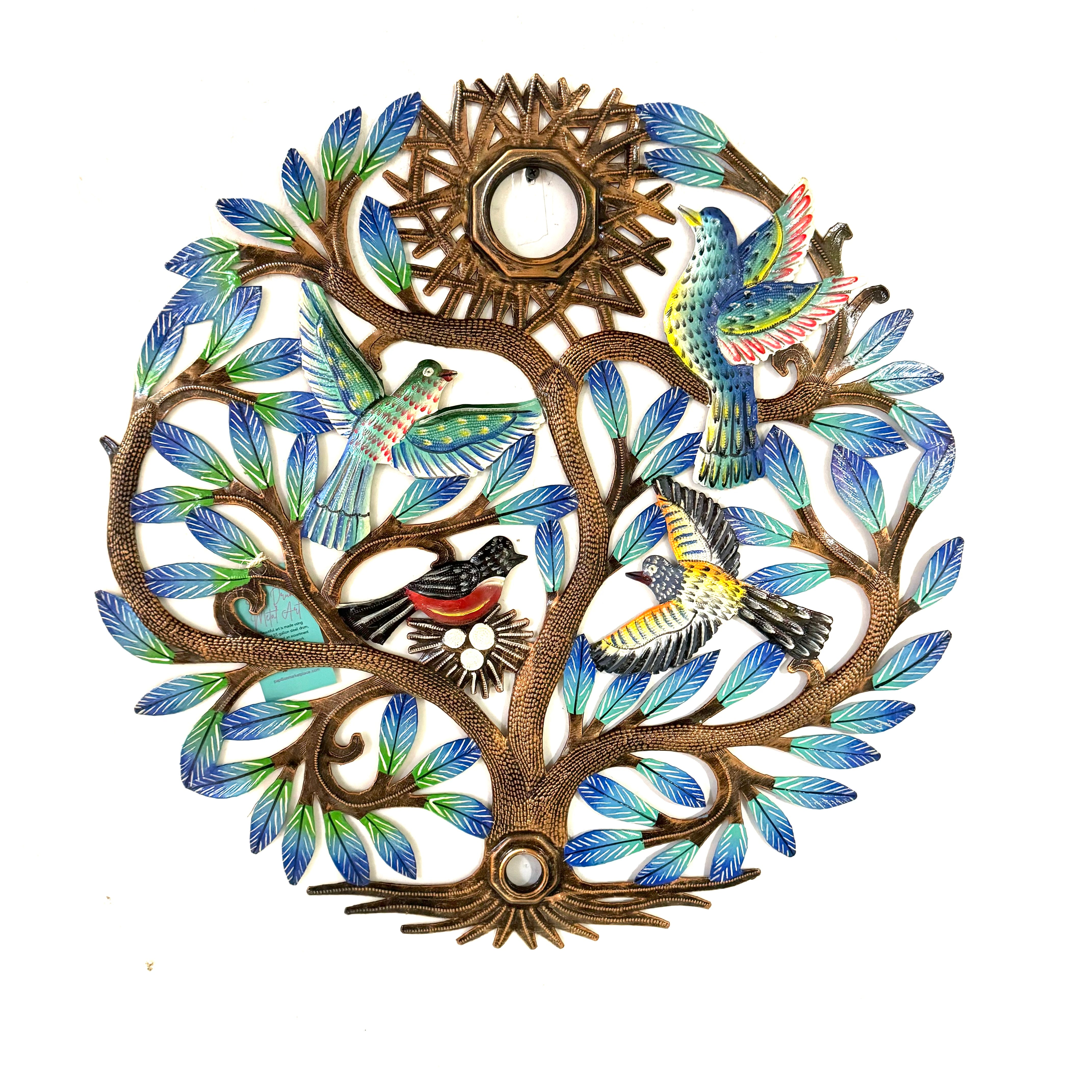Handmade Recycled Steel Barrel Lid Tree of Life Metal Wall Decor Bronze Blue With Birds