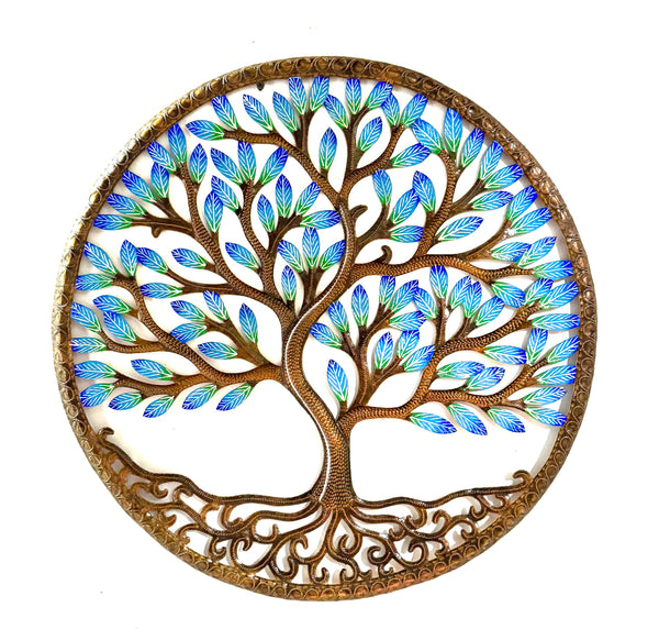 Handmade Recycled Steel Barrel Tree of Life Metal Wall Decor Bronze Blue