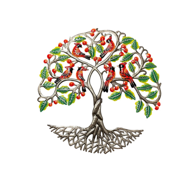 Handmade Recycled Steel Barrel Tree of Life With Cardinals Metal Wall Decor