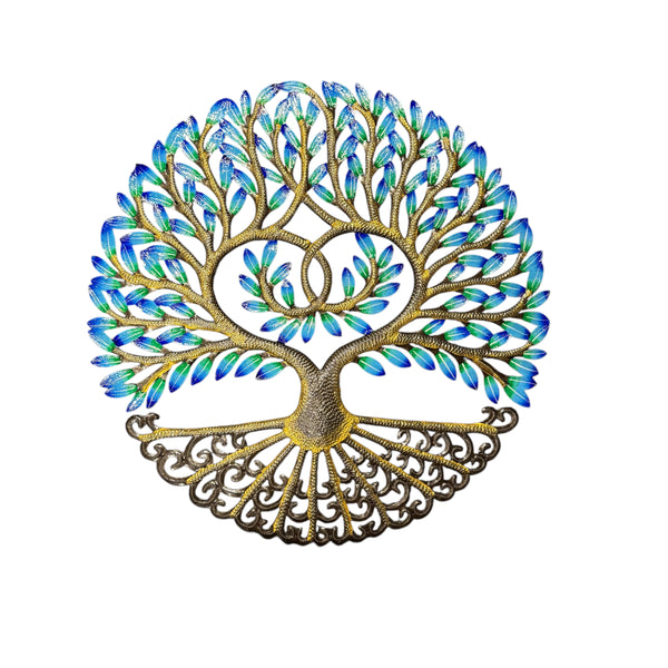 Handmade Recycled Steel Barrel Tree of Life Metal Wall Decor Blue Green