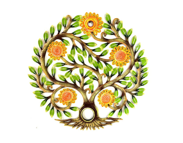 Handmade Tree of Life Metal Wall Decor Oil Drum Lid Yellow Sunflowers