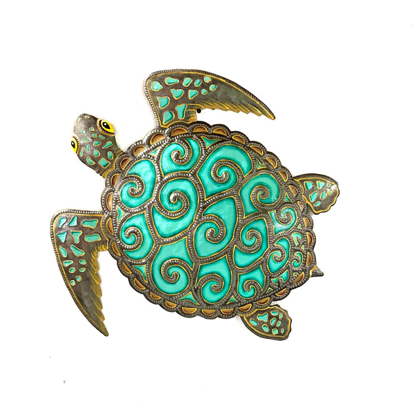 Handmade Recycled Steel Barrel Metal Sea Turtle Wall Decor Teal