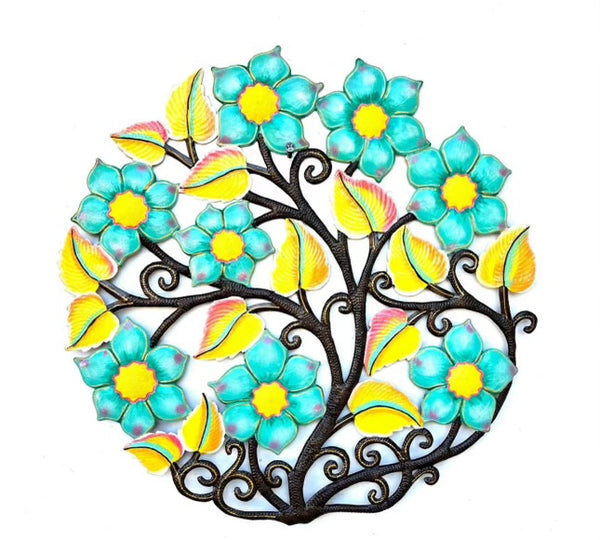 Handmade Recycled Steel Barrel Tree of Life Metal Wall Decor Teal Yellow