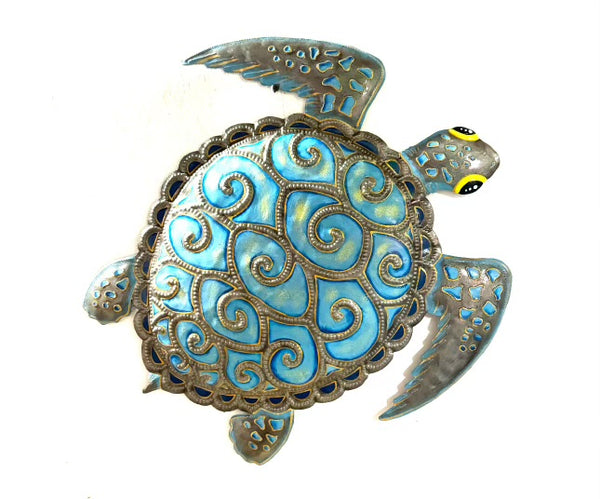 Handmade Recycled Steel Barrel Metal Sea Turtle Wall Decor Blue