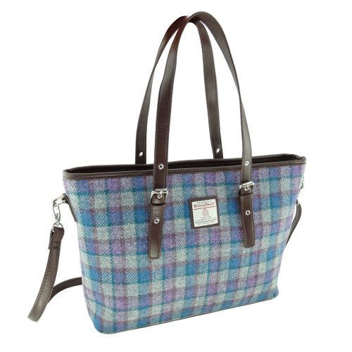 Harris Tweed Large Tote Purse Bag - Gray Blue Purple Plaid