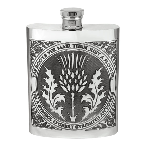 Pewter Flask with stunning Thistle Design and wording 6oz