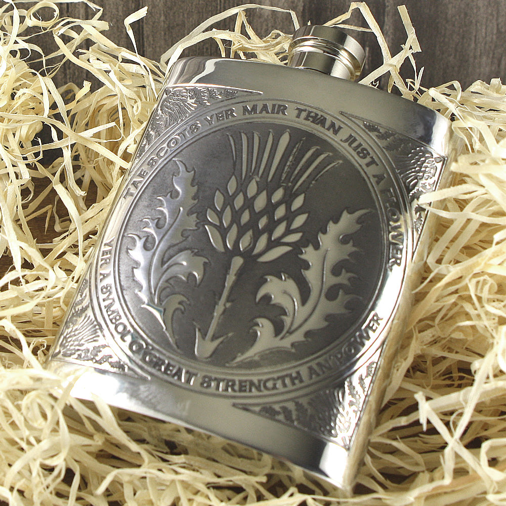 Pewter Flask with stunning Thistle Design and wording 6oz