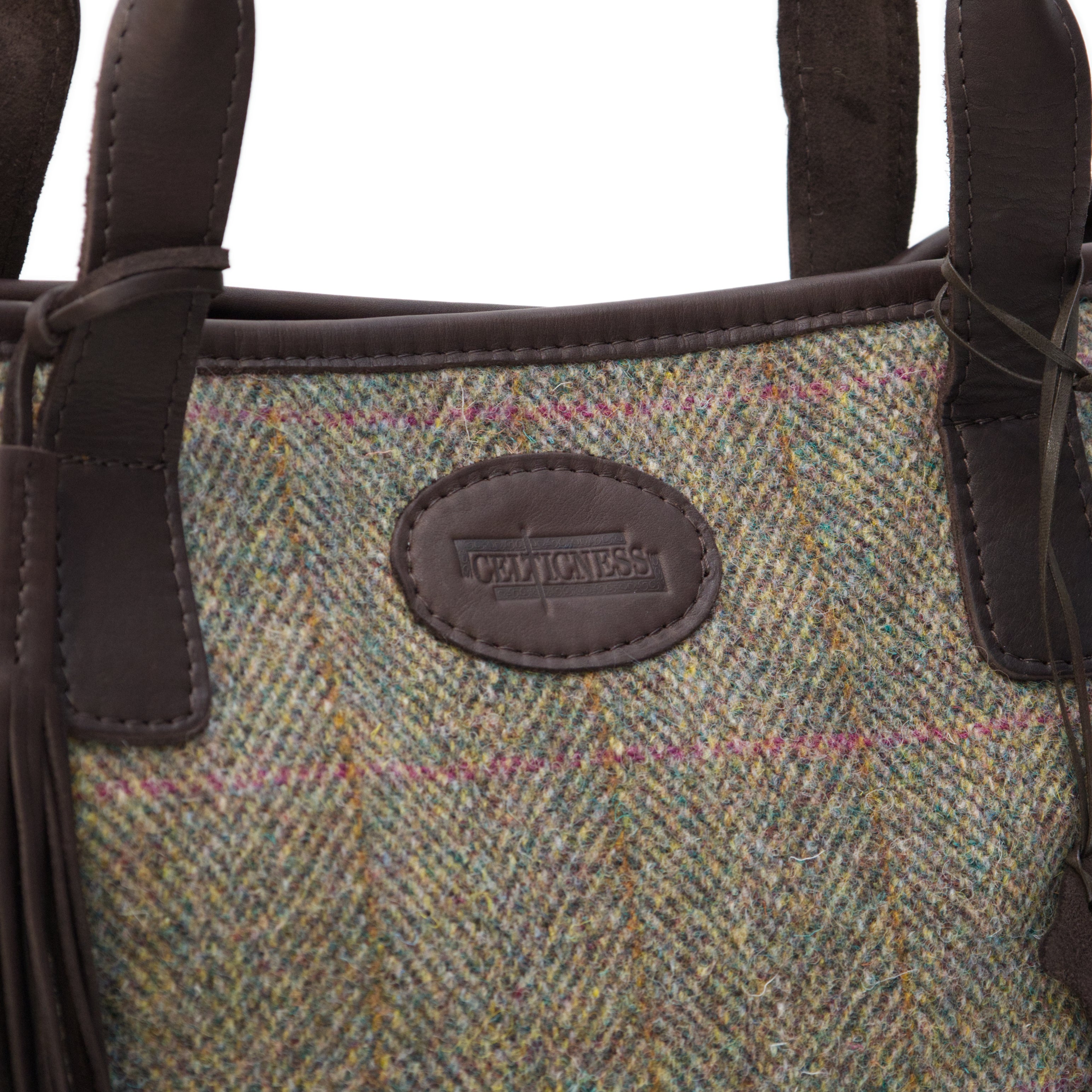 Harris Tweed & Leather Handmade Large Shoulder Bag - Green / Brown
